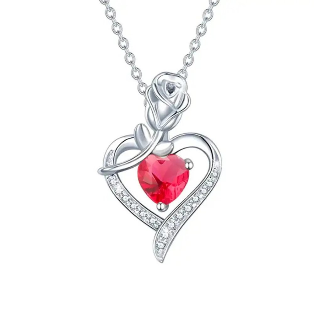 New Rose & Heart Shape Inlaid Shiny Zircon Elegant July Birthstone Necklace
